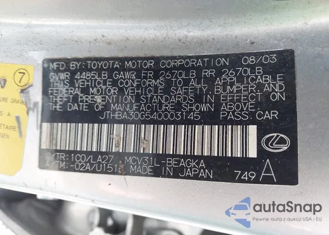 2004 Lexus Es 330 from USA, damaged, VIN JTHBA30G540003145